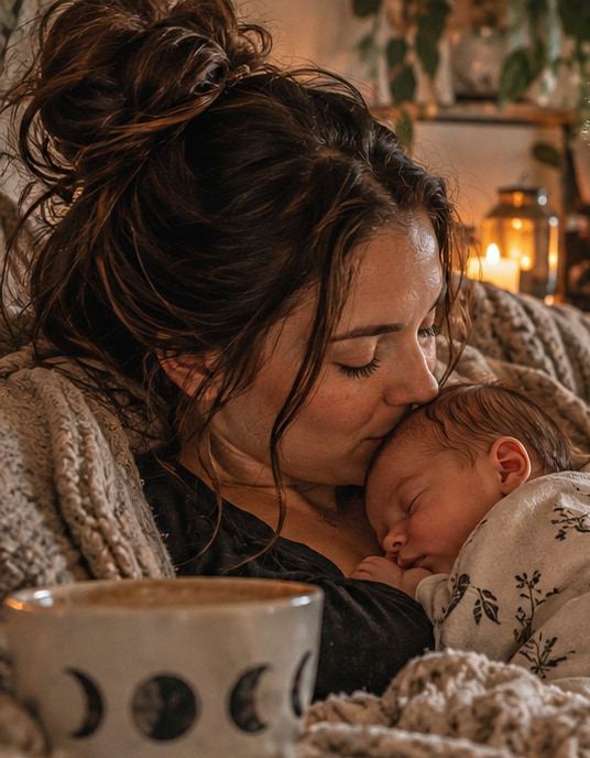 A parent kisses the head of a sleeping newborn wrapped in a blanket.